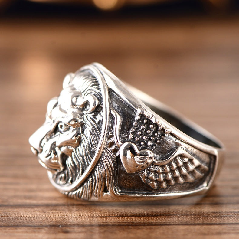 Majestic Mane: Thai Silver Lion Head Men's Ring