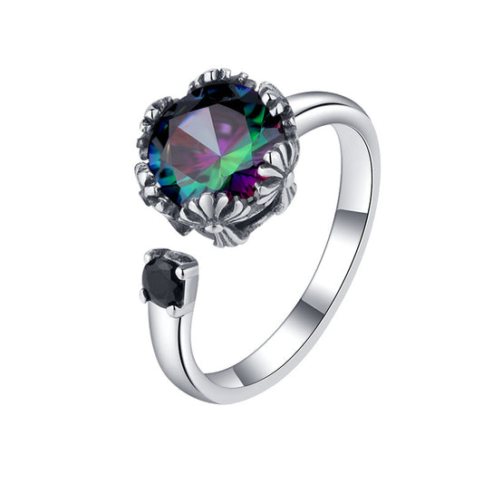 Regal Iris Blossom: Vintage-Inspired Silver Crown Ring with Cross Detail