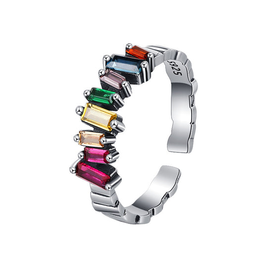 Zircon Ladder Gleam: Silver Ring with Colorful Irregular Inlay for Women