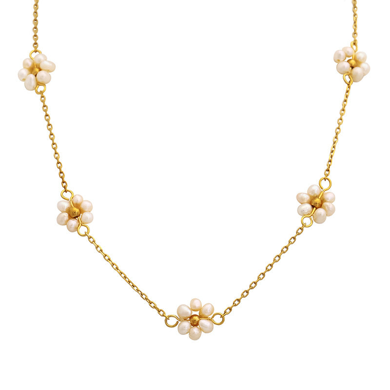 Perennial Luster: Freshwater Pearl Floral Electroplated Necklace.