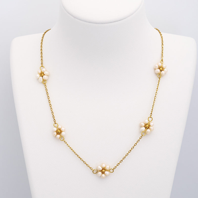 Perennial Luster: Freshwater Pearl Floral Electroplated Necklace.